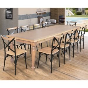 Conjunto Jantar Mesa Leonora Madeira Maciça 294x100 com 10 Cadeirass Paris Base Alumínio - Mel