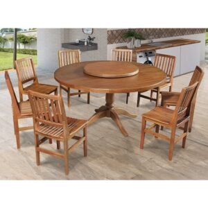 Mesa Jantar Redonda 1,60m Prato Giratório Amélia Madeira Maciça C/ 8 Cadeira Ripada Confort Castanho