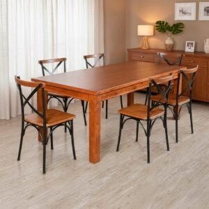 Conjunto Jantar Mesa Aurora Retangular Madeira Maciça 180x80 com 6 Cadeirass Paris Base Alumínio
