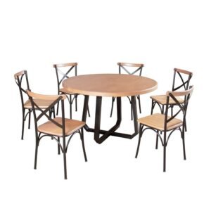 Mesa Jantar Redonda Madeira Maciça Clarisse 1,30m com 6 Cadeiras Paris Base Alumínio - Mel