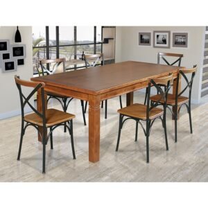 Mesa Jantar Retangular Madeira Maciça Aurora 180x80 com 6 Cadeiras Paris Base Alumínio - Castanho