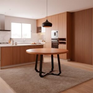 Mesa de Jantar Industrial Clarisse Redonda 1,30 m Madeira Base Alumínio